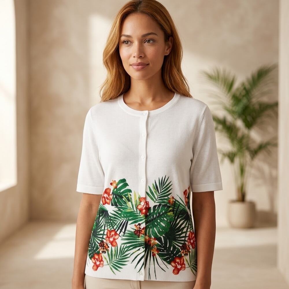 Christopher & Banks white tropical leaf print short sleeve cardigan plus size 1X